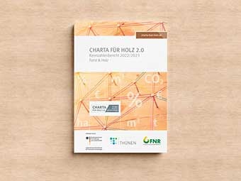 Cover »Kennzahlenbericht 2022/2023« der Charta für Holz 2.0 vor einem Hintergrund aus Holz 